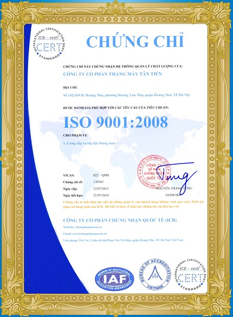 Thang máy tân tiến đạt tiêu chuẩn Iso 9001:2008
