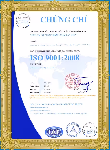 Chứng nhận ISO 9001:2008 của công ty cổ phần thang máy Tân Tiến